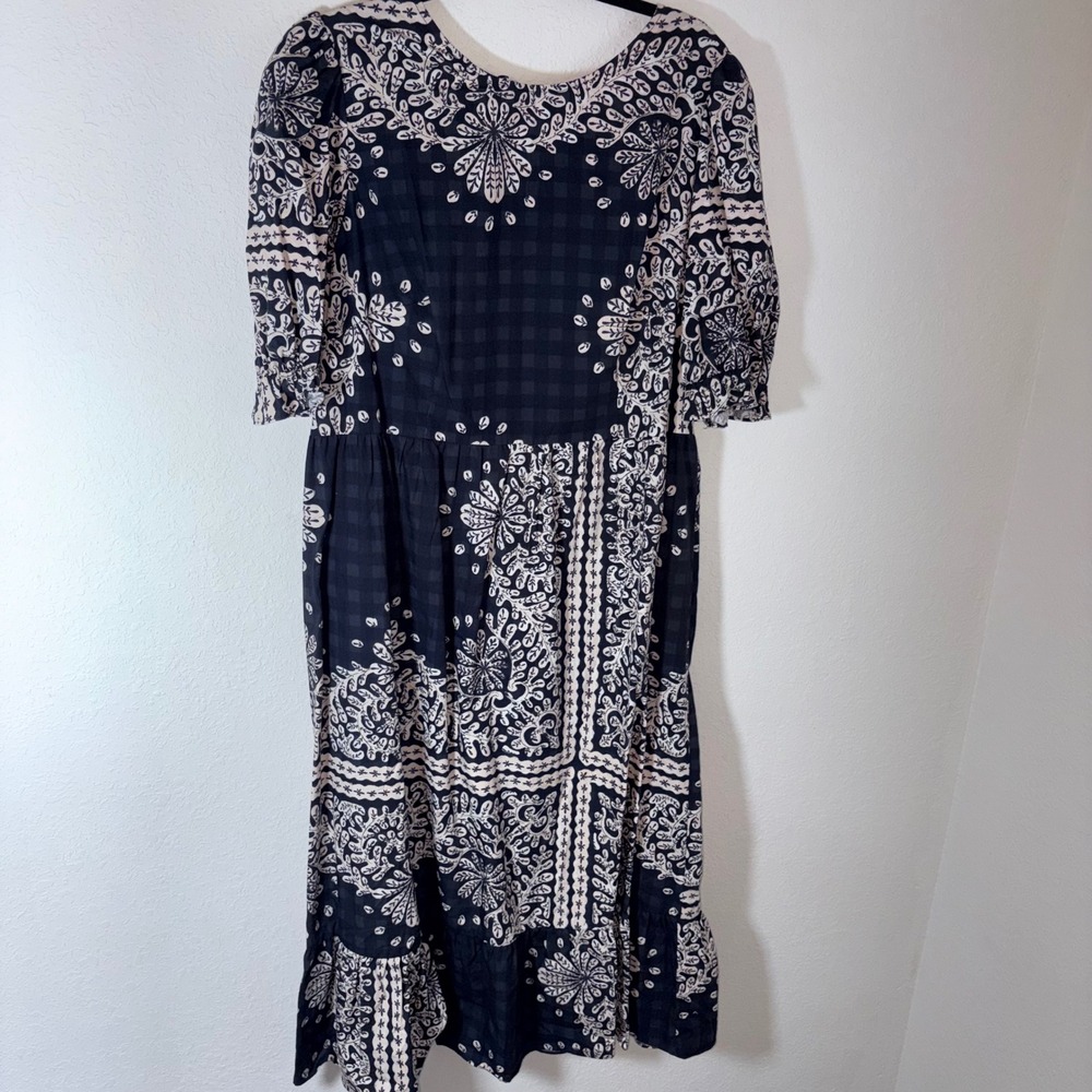 Monsoon Boho Floral Gingham Midi Dress 14 Navy Cream Puff Sleeve Tiered Square